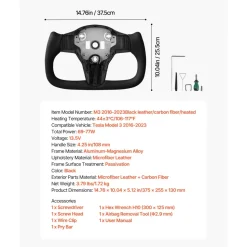 VEVOR Steering Wheel for 2016-2023 Tesla Model 3, Carbon Fiber Steering Wheel D-Shaped Flat-Bottom with Heating Function, Leather Grip with Non-Slip Texture, Accessories Replacement for Model 3, Black
