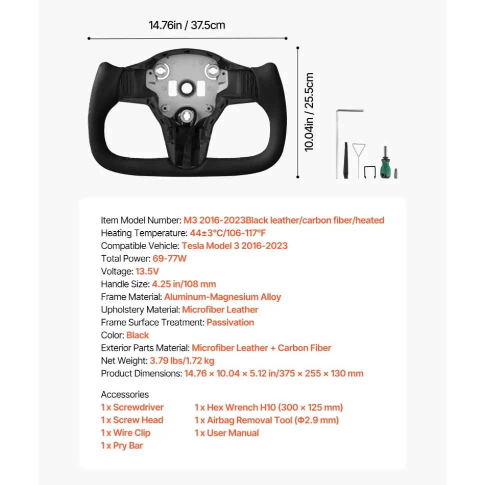 VEVOR Steering Wheel for 2016-2023 Tesla Model 3, Carbon Fiber Steering Wheel D-Shaped Flat-Bottom with Heating Function, Leather Grip with Non-Slip Texture, Accessories Replacement for Model 3, Black