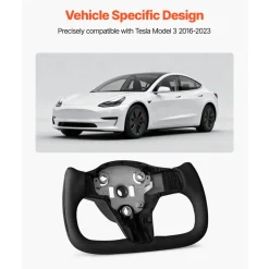 VEVOR Steering Wheel for 2016-2023 Tesla Model 3, Carbon Fiber Steering Wheel D-Shaped Flat-Bottom with Heating Function, Leather Grip with Non-Slip Texture, Accessories Replacement for Model 3, Black