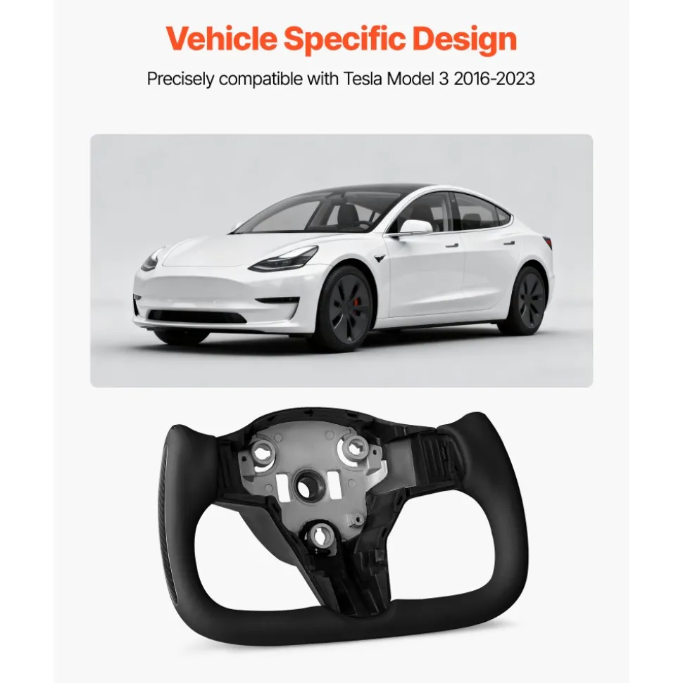 VEVOR Steering Wheel for 2016-2023 Tesla Model 3, Carbon Fiber Steering Wheel D-Shaped Flat-Bottom with Heating Function, Leather Grip with Non-Slip Texture, Accessories Replacement for Model 3, Black