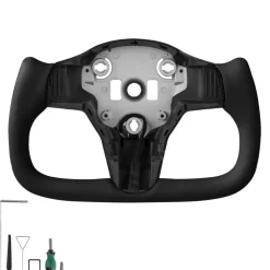 VEVOR Steering Wheel for 2016-2023 Tesla Model 3, Carbon Fiber Steering Wheel D-Shaped Flat-Bottom with Heating Function, Leather Grip with Non-Slip Texture, Accessories Replacement for Model 3, Black