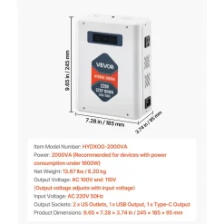 VEVOR Step Down Voltage Converter, 2000VA, Heavy Duty Voltage Power Converter, 220V to 110V Power Transformer, with 2 US Outlets, USB Output, LCD Display, Temperature Protection, for 110V Appliances