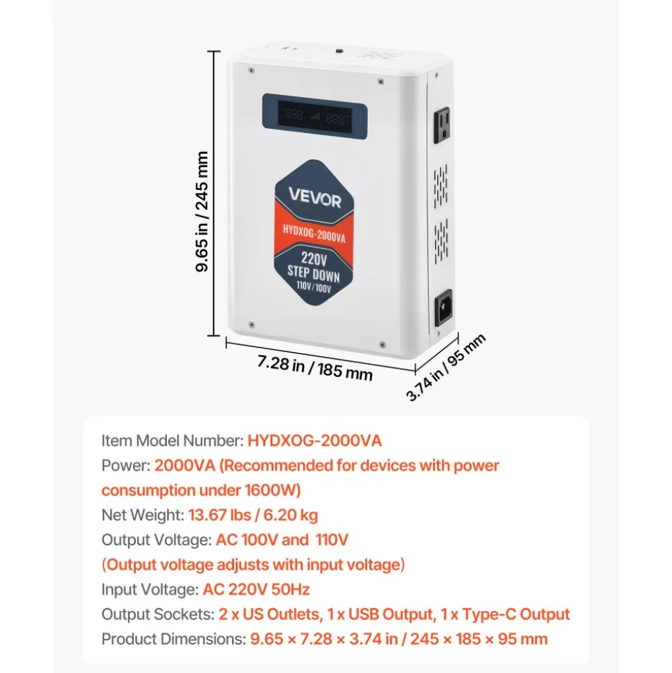 VEVOR Step Down Voltage Converter, 2000VA, Heavy Duty Voltage Power Converter, 220V to 110V Power Transformer, with 2 US Outlets, USB Output, LCD Display, Temperature Protection, for 110V Appliances