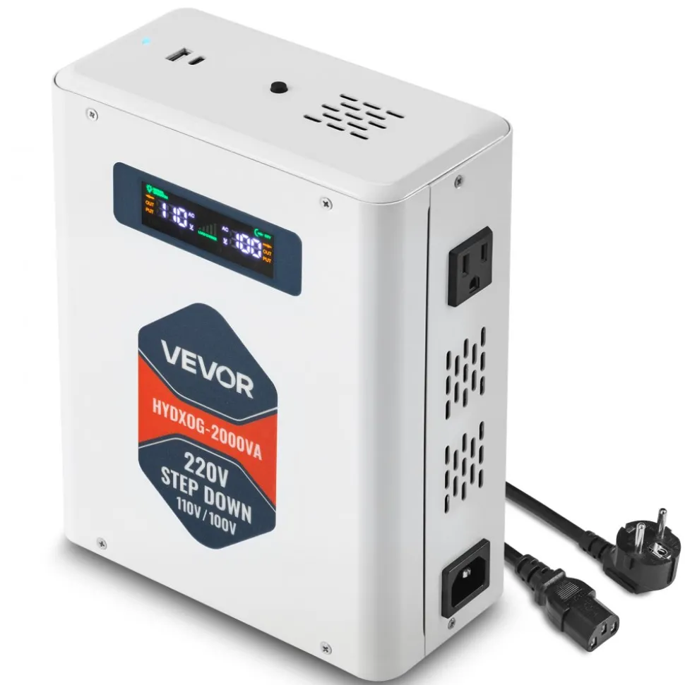 VEVOR Step Down Voltage Converter, 2000VA, Heavy Duty Voltage Power Converter, 220V to 110V Power Transformer, with 2 US Outlets, USB Output, LCD Display, Temperature Protection, for 110V Appliances