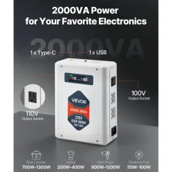 VEVOR Step Down Voltage Converter, 2000VA, Heavy Duty Voltage Power Converter, 220V to 110V Power Transformer, with 2 US Outlets, USB Output, LCD Display, Temperature Protection, for 110V Appliances