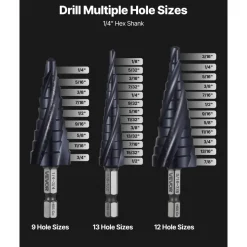 VEVOR Step Drill Bit Set, 1/8 - 7/8 inch, 3 Pieces Step Drill Bits, 1/4 inch Hex Shank, TiAlN Coating Cobalt HSS High Speed Steel, for Metal, Stainless Steel, Aluminum, Wood, Plastic, Fiberglass
