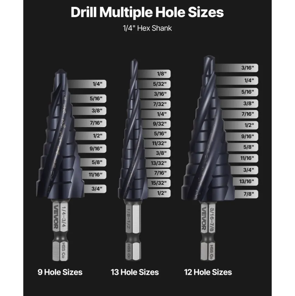 VEVOR Step Drill Bit Set, 1/8 - 7/8 inch, 3 Pieces Step Drill Bits, 1/4 inch Hex Shank, TiAlN Coating Cobalt HSS High Speed Steel, for Metal, Stainless Steel, Aluminum, Wood, Plastic, Fiberglass