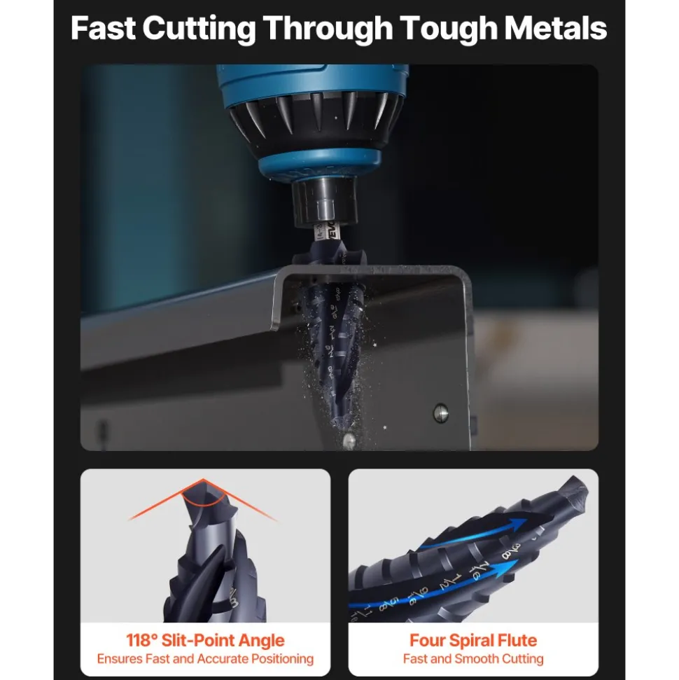 VEVOR Step Drill Bit Set, 1/8 - 7/8 inch, 3 Pieces Step Drill Bits, 1/4 inch Hex Shank, TiAlN Coating Cobalt HSS High Speed Steel, for Metal, Stainless Steel, Aluminum, Wood, Plastic, Fiberglass