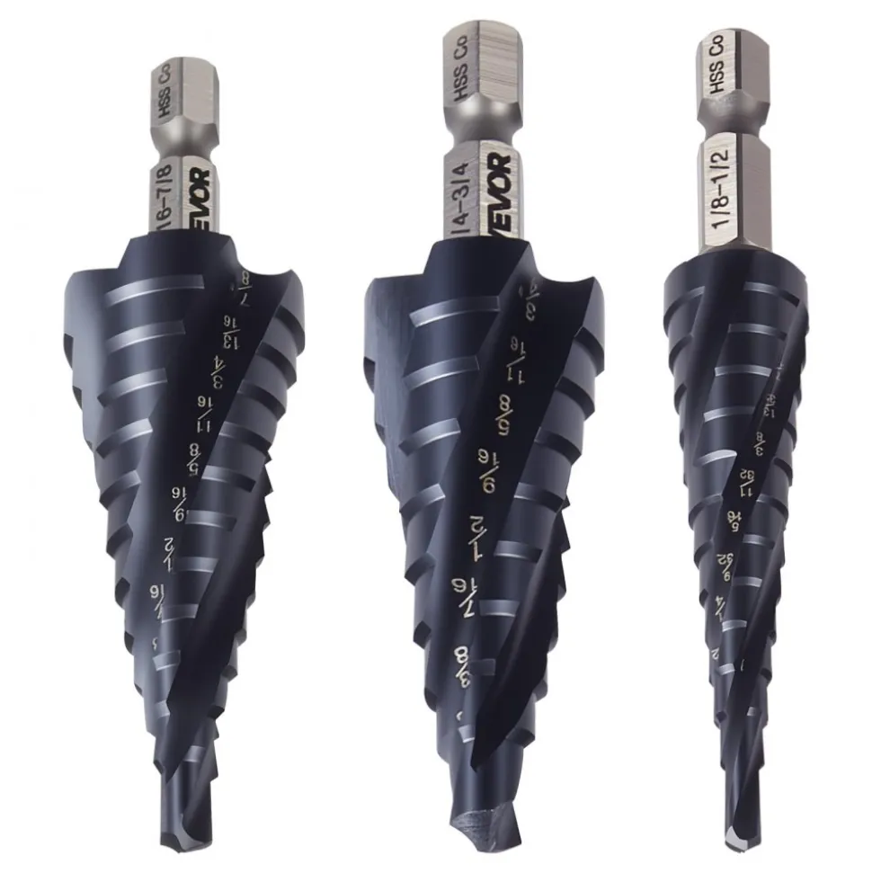 VEVOR Step Drill Bit Set, 1/8 - 7/8 inch, 3 Pieces Step Drill Bits, 1/4 inch Hex Shank, TiAlN Coating Cobalt HSS High Speed Steel, for Metal, Stainless Steel, Aluminum, Wood, Plastic, Fiberglass