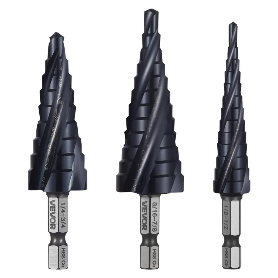 VEVOR Step Drill Bit Set, 1/8 - 7/8 inch, 3 Pieces Step Drill Bits, 1/4 inch Hex Shank, TiAlN Coating Cobalt HSS High Speed Steel, for Metal, Stainless Steel, Aluminum, Wood, Plastic, Fiberglass