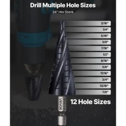 VEVOR Step Drill Bit, 1/4 to 3/4 inch, 1/4 inch Hex Shank, TiAlN Coating Cobalt HSS High Speed Steel, Four Spiral Flute Step Bit for Metal, Stainless Steel, Aluminum, Wood, Plastic, Fiberglass