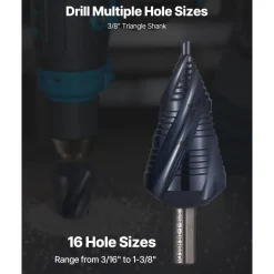 VEVOR Step Drill Bit, 3/16 to 1-3/8 inch, 3/8 inch Triangular Shank, TiAlN Coating Cobalt High Speed Steel, Four Spiral Flute Step Bit for Metal, Stainless Steel, Aluminum, Wood, Plastic, Fiberglass