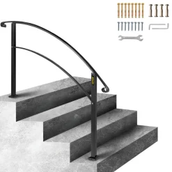 VEVOR 4-Step Handrail Fits 1 or 4 Steps Matte Black Stair Rail Wrought Iron Handrail with Installation Kit Hand Rails for Outdoor Steps