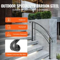 VEVOR 4-Step Handrail Fits 1 or 4 Steps Matte Black Stair Rail Wrought Iron Handrail with Installation Kit Hand Rails for Outdoor Steps