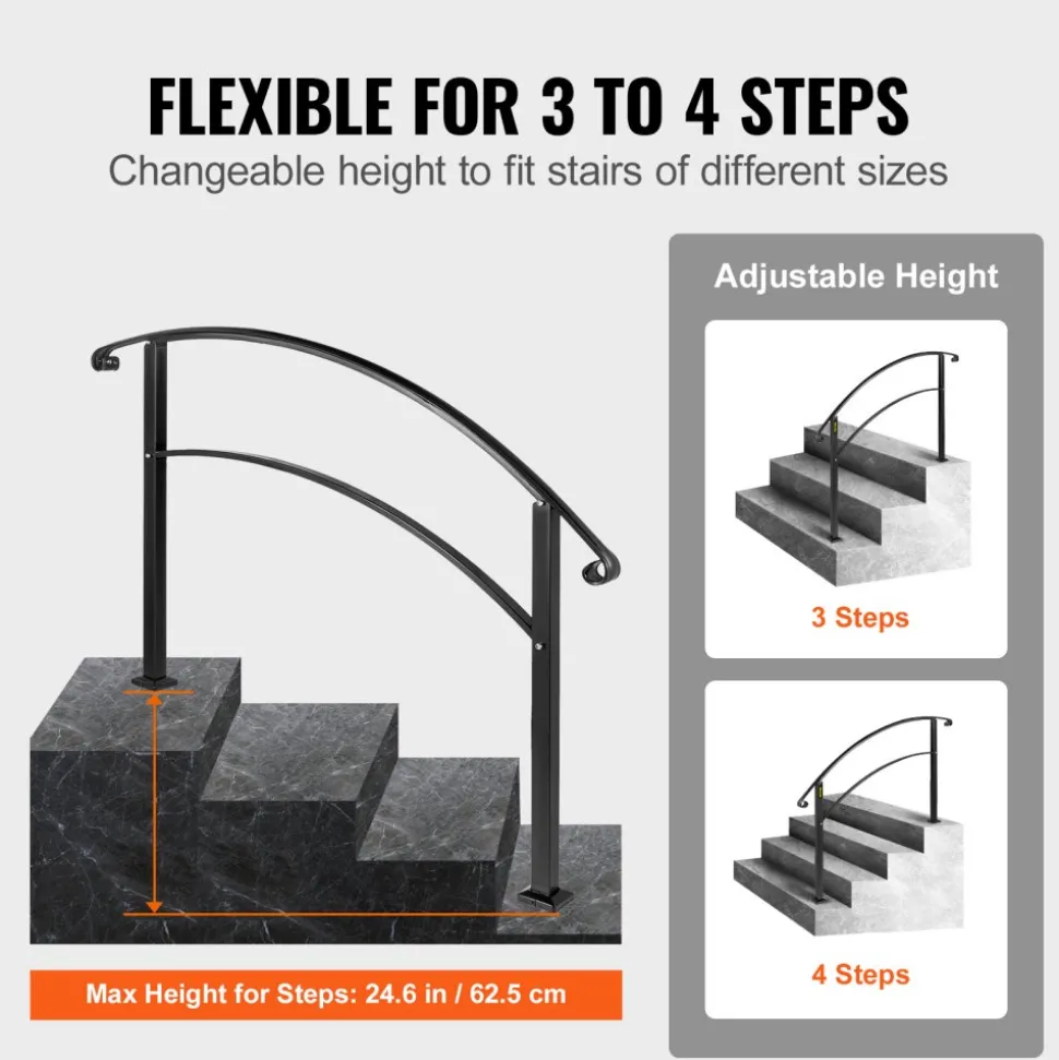 VEVOR 4-Step Handrail Fits 1 or 4 Steps Matte Black Stair Rail Wrought Iron Handrail with Installation Kit Hand Rails for Outdoor Steps