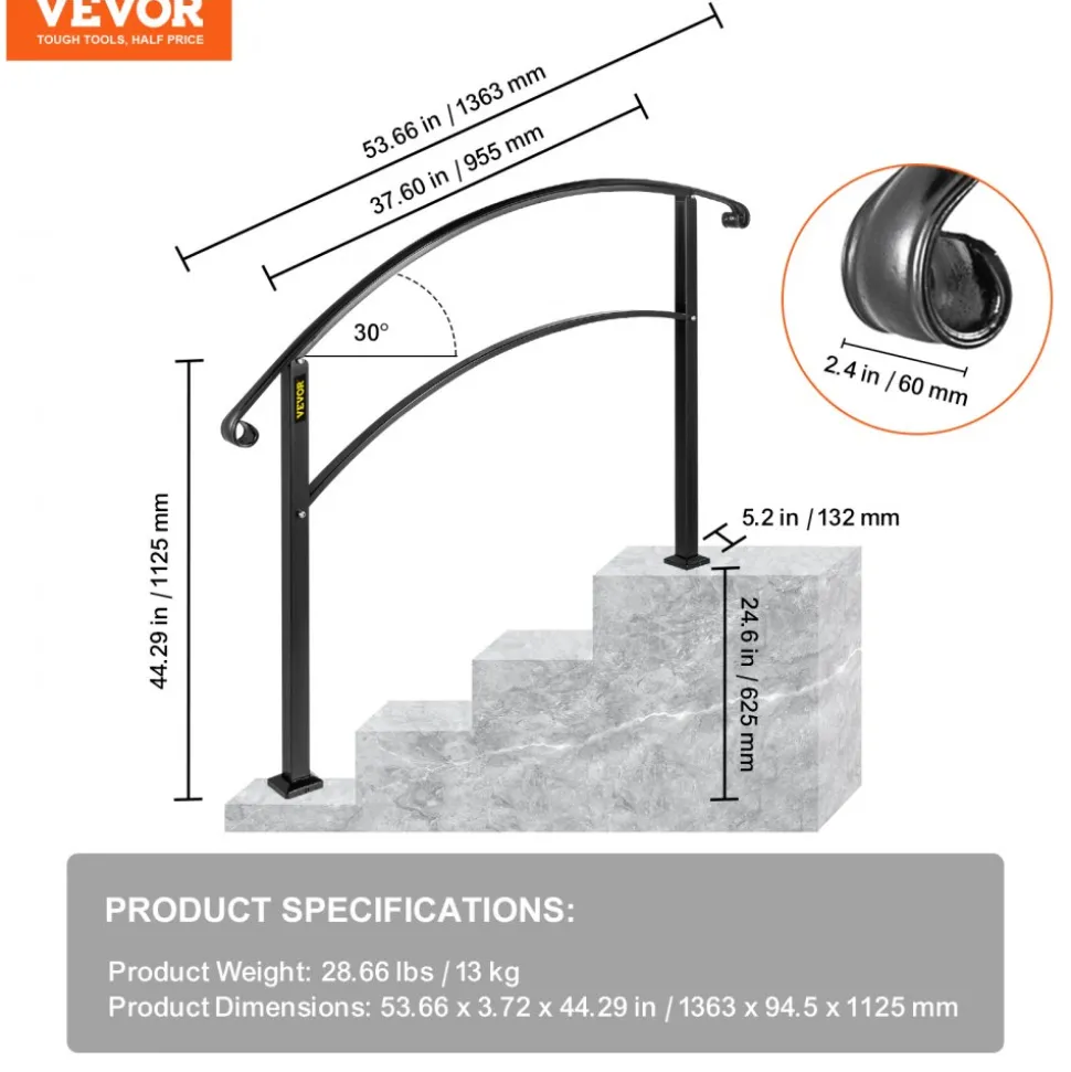 VEVOR 4-Step Handrail Fits 1 or 4 Steps Matte Black Stair Rail Wrought Iron Handrail with Installation Kit Hand Rails for Outdoor Steps