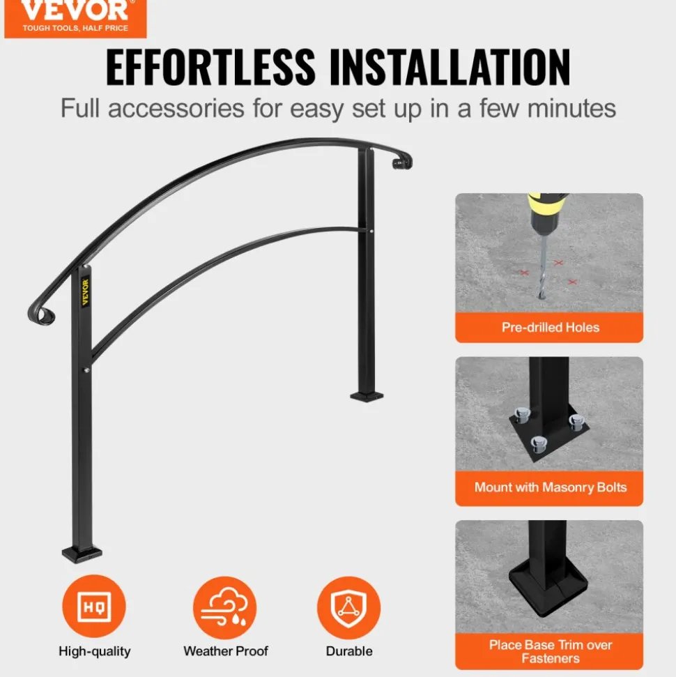 VEVOR 4-Step Handrail Fits 1 or 4 Steps Matte Black Stair Rail Wrought Iron Handrail with Installation Kit Hand Rails for Outdoor Steps