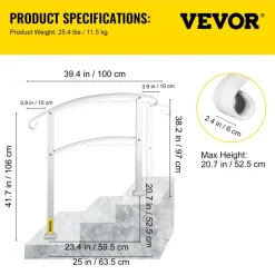 VEVOR 3-Step Handrails for Outdoor Steps Fits 1 or 3 Steps Matte White Stair Rail Wrought Iron Handrail with Installation Kit Hand Rails for Outdoor Step