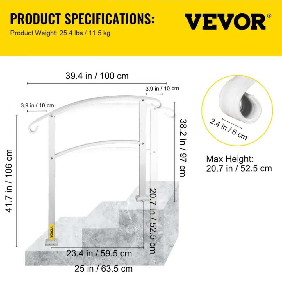 VEVOR 3-Step Handrails for Outdoor Steps Fits 1 or 3 Steps Matte White Stair Rail Wrought Iron Handrail with Installation Kit Hand Rails for Outdoor Step