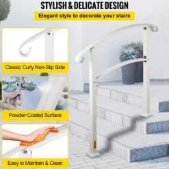 VEVOR 3-Step Handrails for Outdoor Steps Fits 1 or 3 Steps Matte White Stair Rail Wrought Iron Handrail with Installation Kit Hand Rails for Outdoor Step