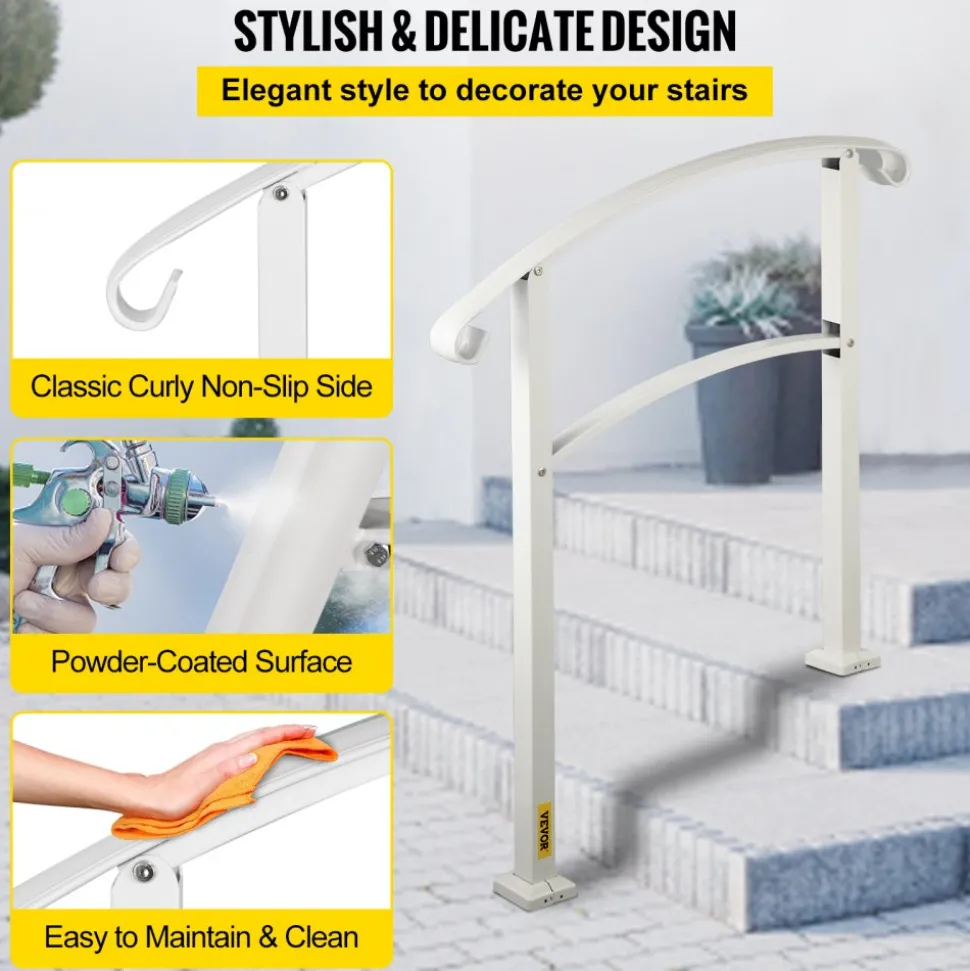 VEVOR 3-Step Handrails for Outdoor Steps Fits 1 or 3 Steps Matte White Stair Rail Wrought Iron Handrail with Installation Kit Hand Rails for Outdoor Step