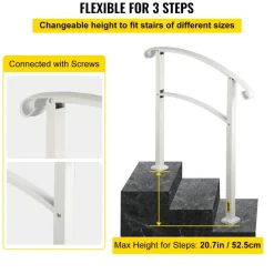 VEVOR 3-Step Handrails for Outdoor Steps Fits 1 or 3 Steps Matte White Stair Rail Wrought Iron Handrail with Installation Kit Hand Rails for Outdoor Step