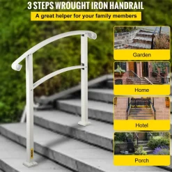 VEVOR 3-Step Handrails for Outdoor Steps Fits 1 or 3 Steps Matte White Stair Rail Wrought Iron Handrail with Installation Kit Hand Rails for Outdoor Step