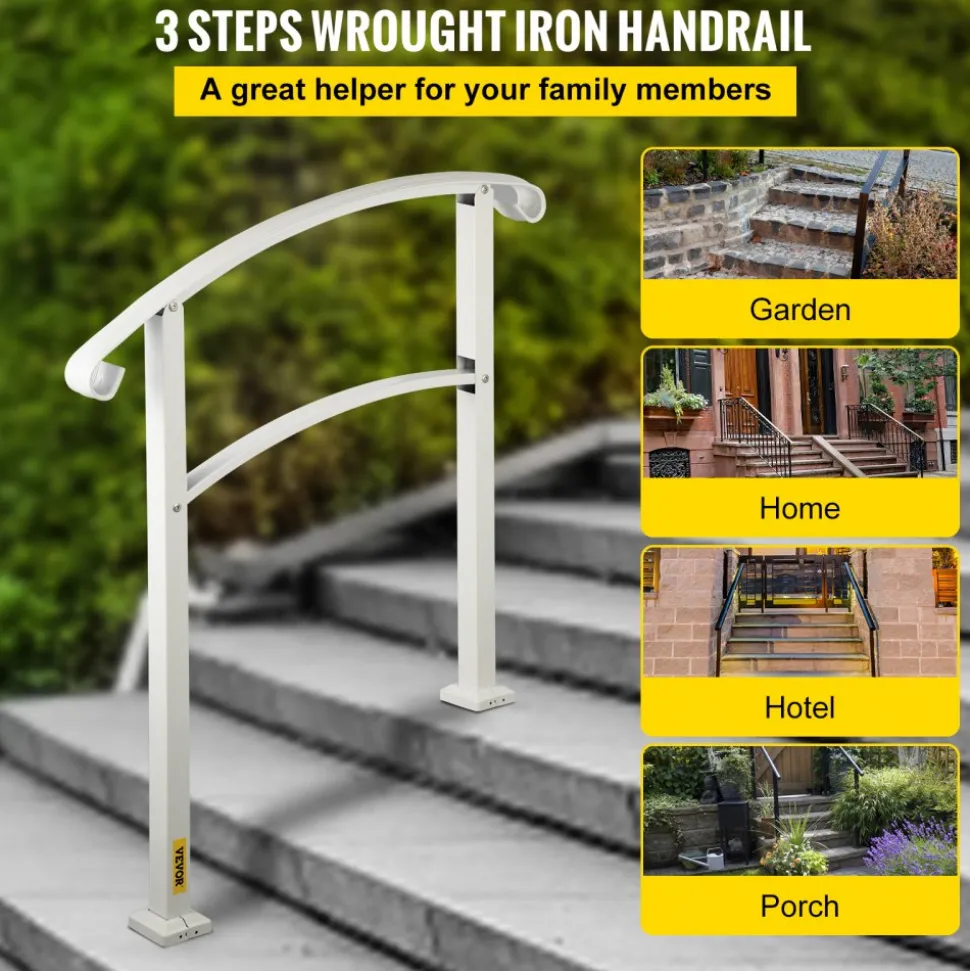 VEVOR 3-Step Handrails for Outdoor Steps Fits 1 or 3 Steps Matte White Stair Rail Wrought Iron Handrail with Installation Kit Hand Rails for Outdoor Step