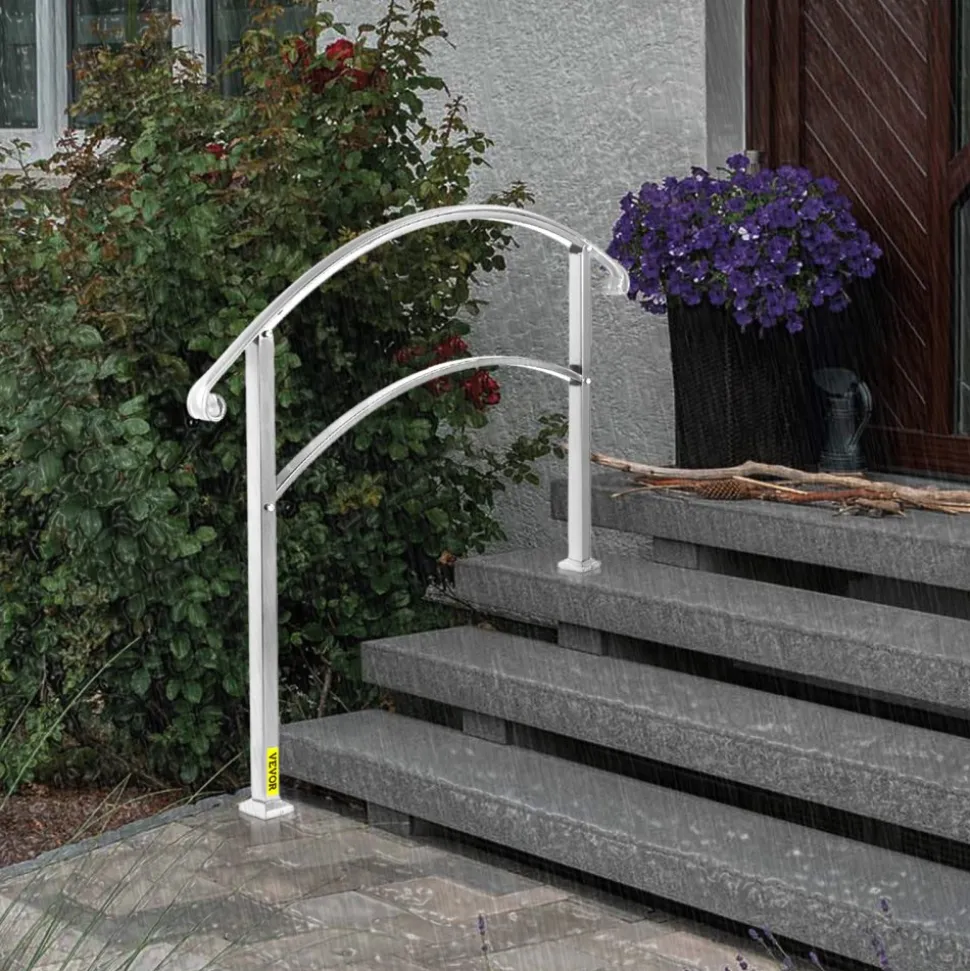 VEVOR 3-Step Handrails for Outdoor Steps Fits 1 or 3 Steps Matte White Stair Rail Wrought Iron Handrail with Installation Kit Hand Rails for Outdoor Step