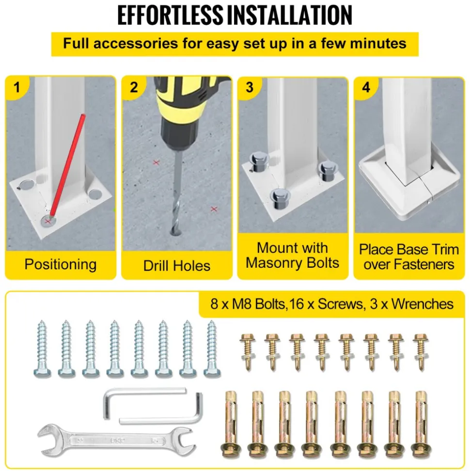 VEVOR 3-Step Handrails for Outdoor Steps Fits 1 or 3 Steps Matte White Stair Rail Wrought Iron Handrail with Installation Kit Hand Rails for Outdoor Step
