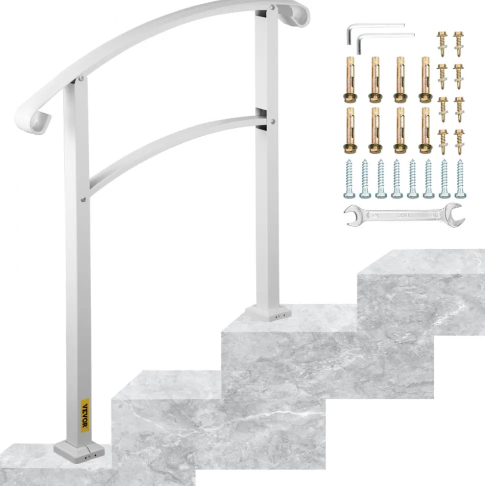 VEVOR 3-Step Handrails for Outdoor Steps Fits 1 or 3 Steps Matte White Stair Rail Wrought Iron Handrail with Installation Kit Hand Rails for Outdoor Step