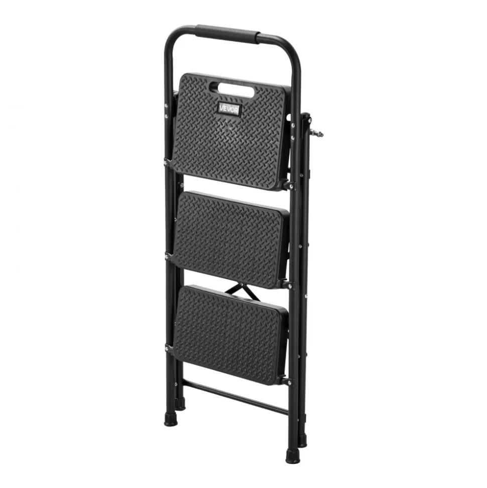 VEVOR 3 Step Ladder, Folding Step Stool with Wide Anti-Slip Pedal and Comfort Handgrip, Lightweight 600 lbs Capacity Portable Steel Ladder, Multi-Use for Kitchen, Home, Household and Office, Black