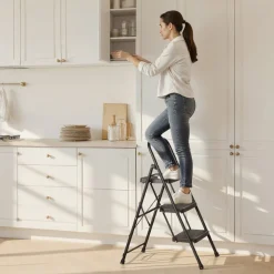 VEVOR 3 Step Ladder, Folding Step Stool with Wide Anti-Slip Pedal and Comfort Handgrip, Lightweight 600 lbs Capacity Portable Steel Ladder, Multi-Use for Kitchen, Home, Household and Office, Black