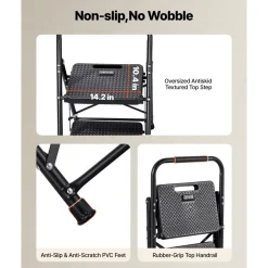 VEVOR 5 Step Ladder, Folding Step Stool with Wide Anti-Slip Pedal, Tool Tray, Dual Side Handrails, 600 lbs Capacity Portable Steel Ladder, Multi-Use for Kitchen, Home, Household and Office, Black