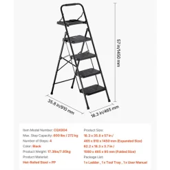 VEVOR 4 Step Ladder, Folding Step Stool with Wide Anti-Slip Pedal, Tool Tray, Comfort Handgrip, 600 lbs Capacity Portable Steel Ladder, Multi-Use for Kitchen, Home, Household and Office, Black