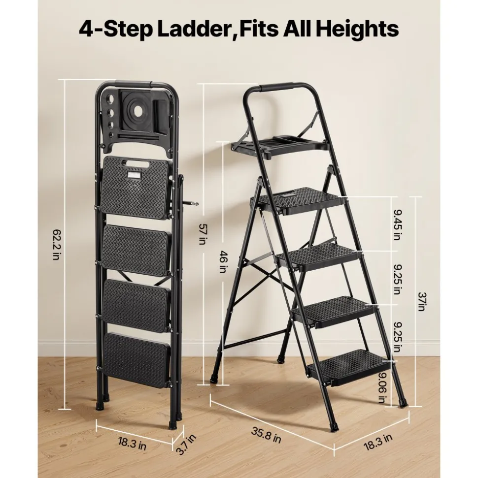VEVOR 6 Step Ladder, Folding Step Stool with Wide Anti-Slip Pedal and Comfort Handgrip, 330 lbs Capacity Portable Aluminum Stepladder, Multi-Use for Kitchen, Warehouse, Household and Office, Silver