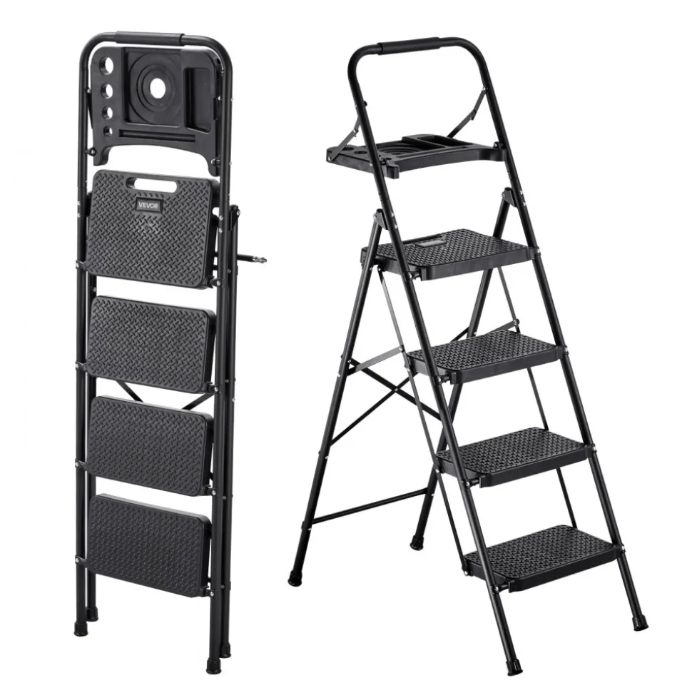VEVOR 6 Step Ladder, Folding Step Stool with Wide Anti-Slip Pedal and Comfort Handgrip, 330 lbs Capacity Portable Aluminum Stepladder, Multi-Use for Kitchen, Warehouse, Household and Office, Silver