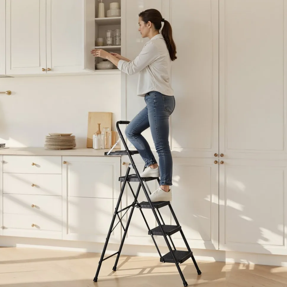 VEVOR 6 Step Ladder, Folding Step Stool with Wide Anti-Slip Pedal and Comfort Handgrip, 330 lbs Capacity Portable Aluminum Stepladder, Multi-Use for Kitchen, Warehouse, Household and Office, Silver