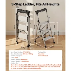 VEVOR 3 Step Ladder, Folding Step Stool with Wide Anti-Slip Pedal and Comfort Handgrip, 330 lbs Capacity Portable Aluminum Stepladder, Multi-Use for Kitchen, Warehouse, Household and Office, Silver