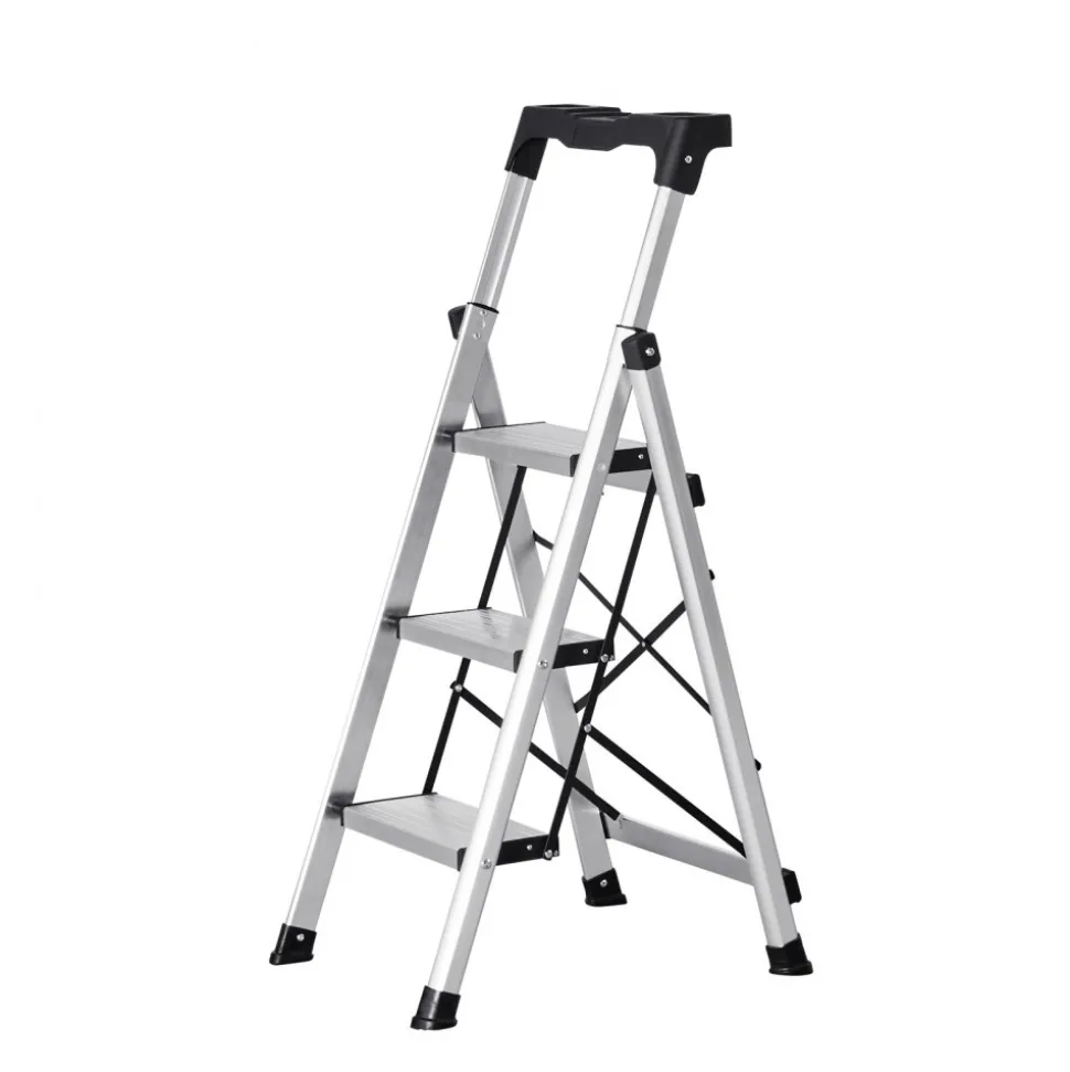 VEVOR 4 Step Ladder, Folding Step Stool with Wide Anti-Slip Pedal and Comfort Handgrip, 330 lbs Capacity Portable Aluminum Stepladder, Multi-Use for Kitchen, Home, Warehouse and Office, Silver