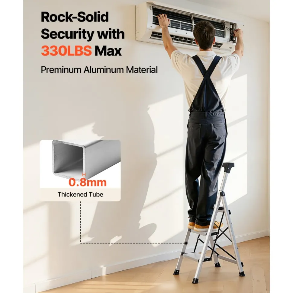 VEVOR 4 Step Ladder, Folding Step Stool with Wide Anti-Slip Pedal and Comfort Handgrip, 330 lbs Capacity Portable Aluminum Stepladder, Multi-Use for Kitchen, Home, Warehouse and Office, Silver