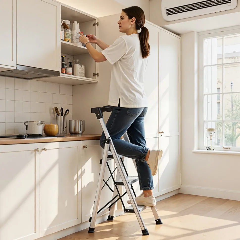 VEVOR 4 Step Ladder, Folding Step Stool with Wide Anti-Slip Pedal and Comfort Handgrip, 330 lbs Capacity Portable Aluminum Stepladder, Multi-Use for Kitchen, Home, Warehouse and Office, Silver