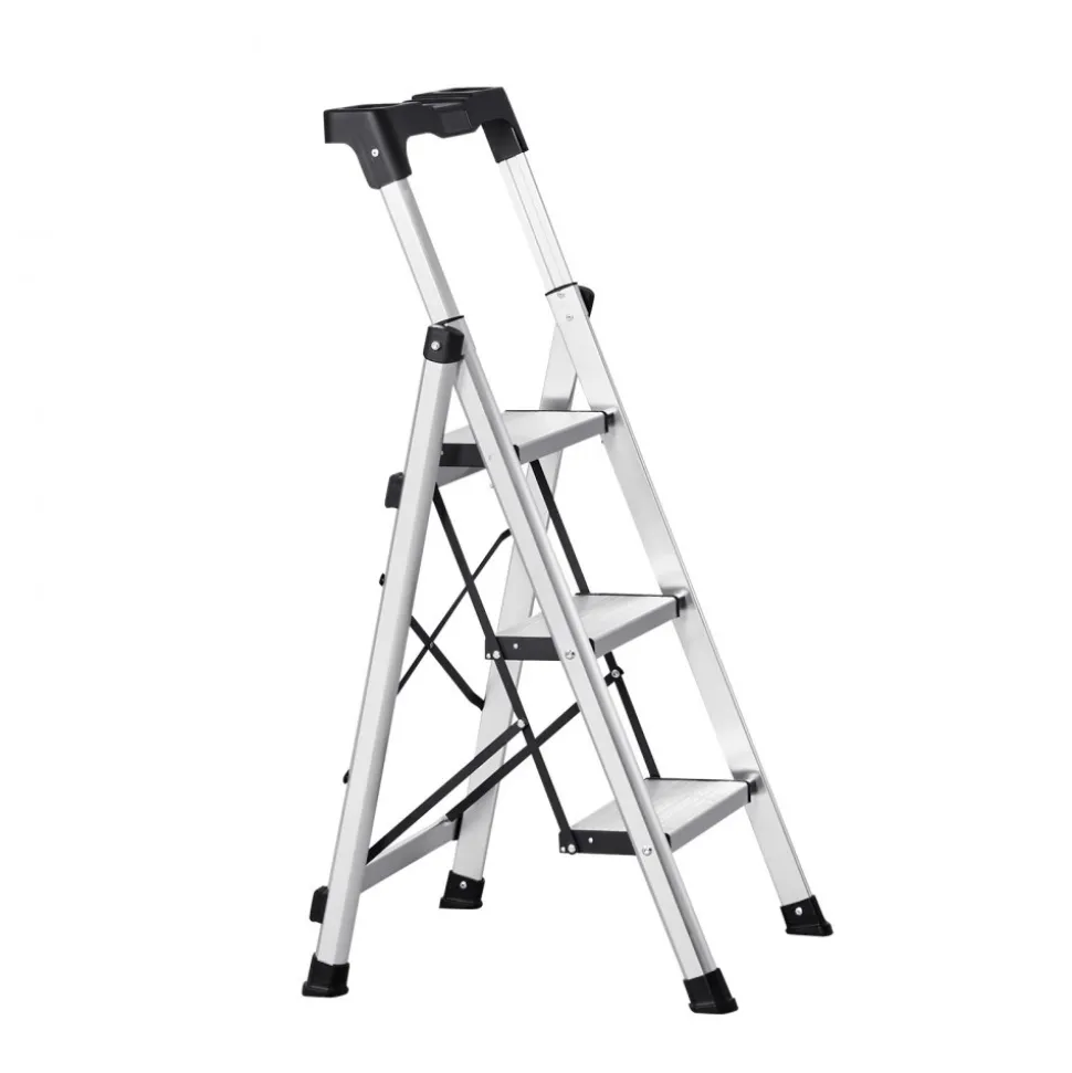 VEVOR 4 Step Ladder, Folding Step Stool with Wide Anti-Slip Pedal and Comfort Handgrip, 330 lbs Capacity Portable Aluminum Stepladder, Multi-Use for Kitchen, Home, Warehouse and Office, Silver