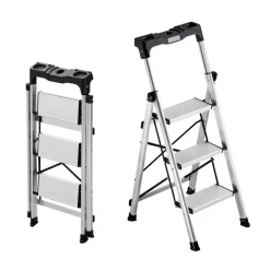 VEVOR 4 Step Ladder, Folding Step Stool with Wide Anti-Slip Pedal and Comfort Handgrip, 330 lbs Capacity Portable Aluminum Stepladder, Multi-Use for Kitchen, Home, Warehouse and Office, Silver