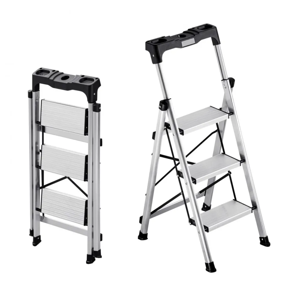 VEVOR 4 Step Ladder, Folding Step Stool with Wide Anti-Slip Pedal and Comfort Handgrip, 330 lbs Capacity Portable Aluminum Stepladder, Multi-Use for Kitchen, Home, Warehouse and Office, Silver