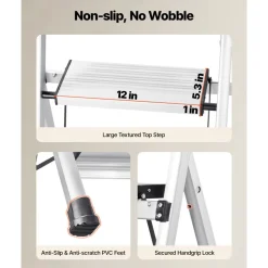 VEVOR 4 Step Ladder, Folding Step Stool with Wide Anti-Slip Pedal and Comfort Handgrip, 330 lbs Capacity Portable Aluminum Stepladder, Multi-Use for Kitchen, Home, Warehouse and Office, Silver