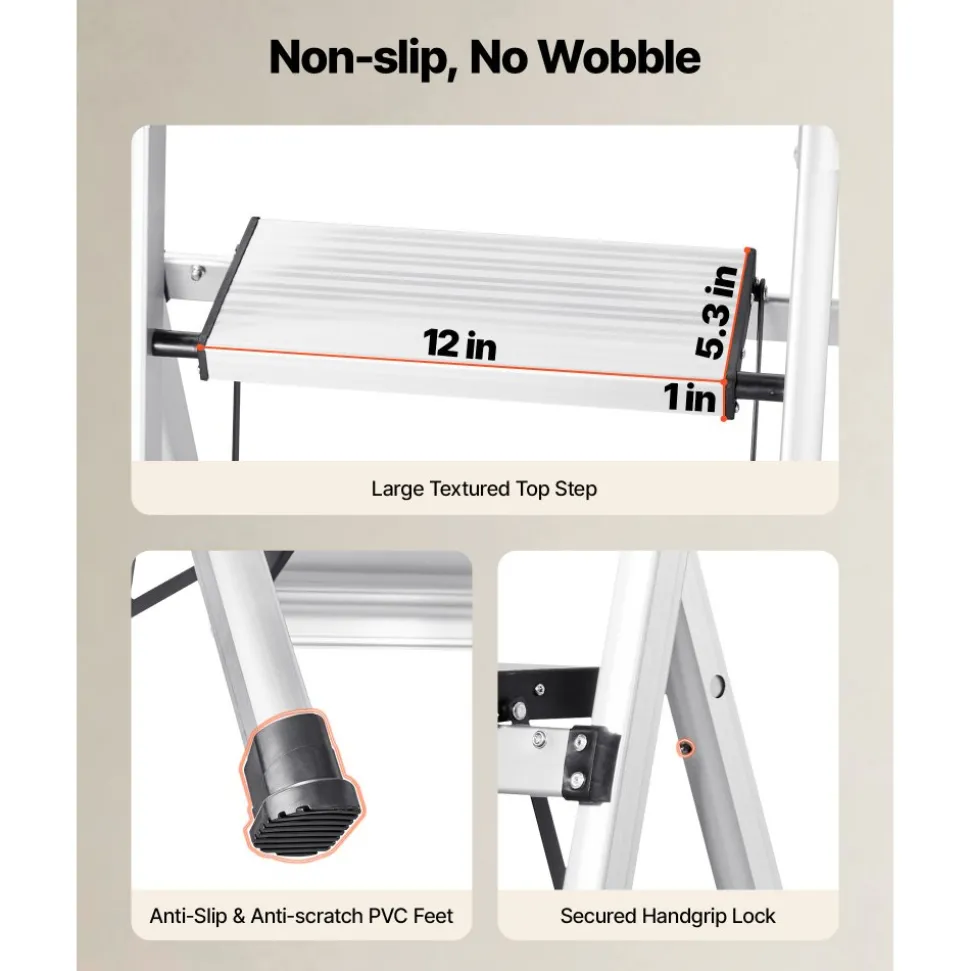 VEVOR 4 Step Ladder, Folding Step Stool with Wide Anti-Slip Pedal and Comfort Handgrip, 330 lbs Capacity Portable Aluminum Stepladder, Multi-Use for Kitchen, Home, Warehouse and Office, Silver