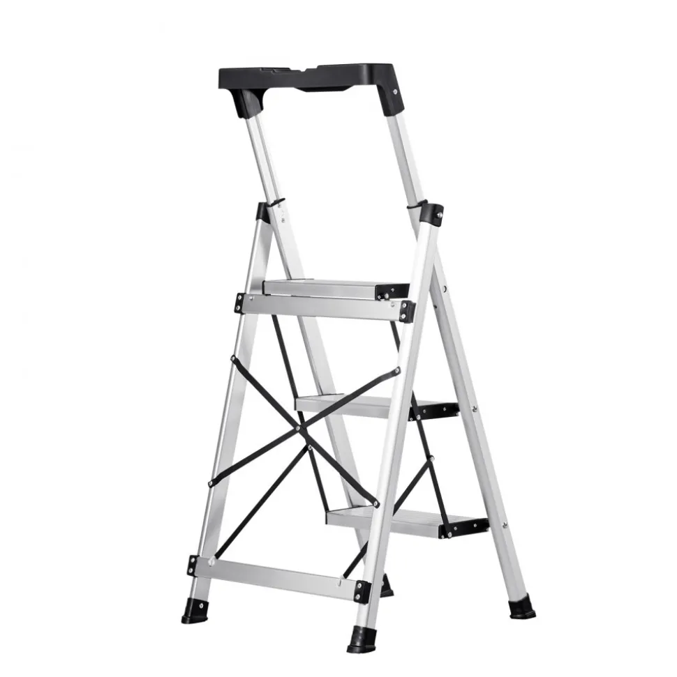 VEVOR 4 Step Ladder, Folding Step Stool with Wide Anti-Slip Pedal and Comfort Handgrip, 330 lbs Capacity Portable Aluminum Stepladder, Multi-Use for Kitchen, Home, Warehouse and Office, Silver