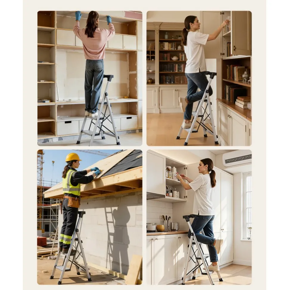 VEVOR 4 Step Ladder, Folding Step Stool with Wide Anti-Slip Pedal and Comfort Handgrip, 330 lbs Capacity Portable Aluminum Stepladder, Multi-Use for Kitchen, Home, Warehouse and Office, Silver