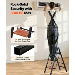 VEVOR 3 Step Ladder, Folding Step Stool with Wide Anti-Slip Pedal and Comfort Handgrip, Lightweight 330 lbs Capacity Portable Aluminum Plant Support, Multi-Use for Adults, Home Repairing, Cleaning